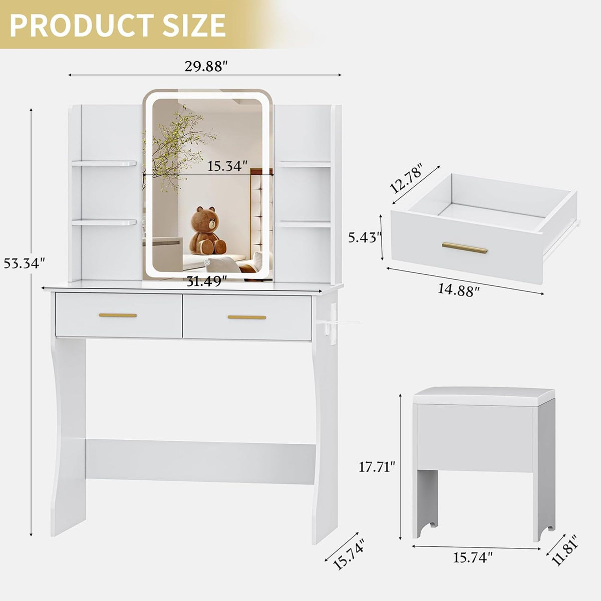 White Vanity Desk with LED Lights Mirror and Chair N41376