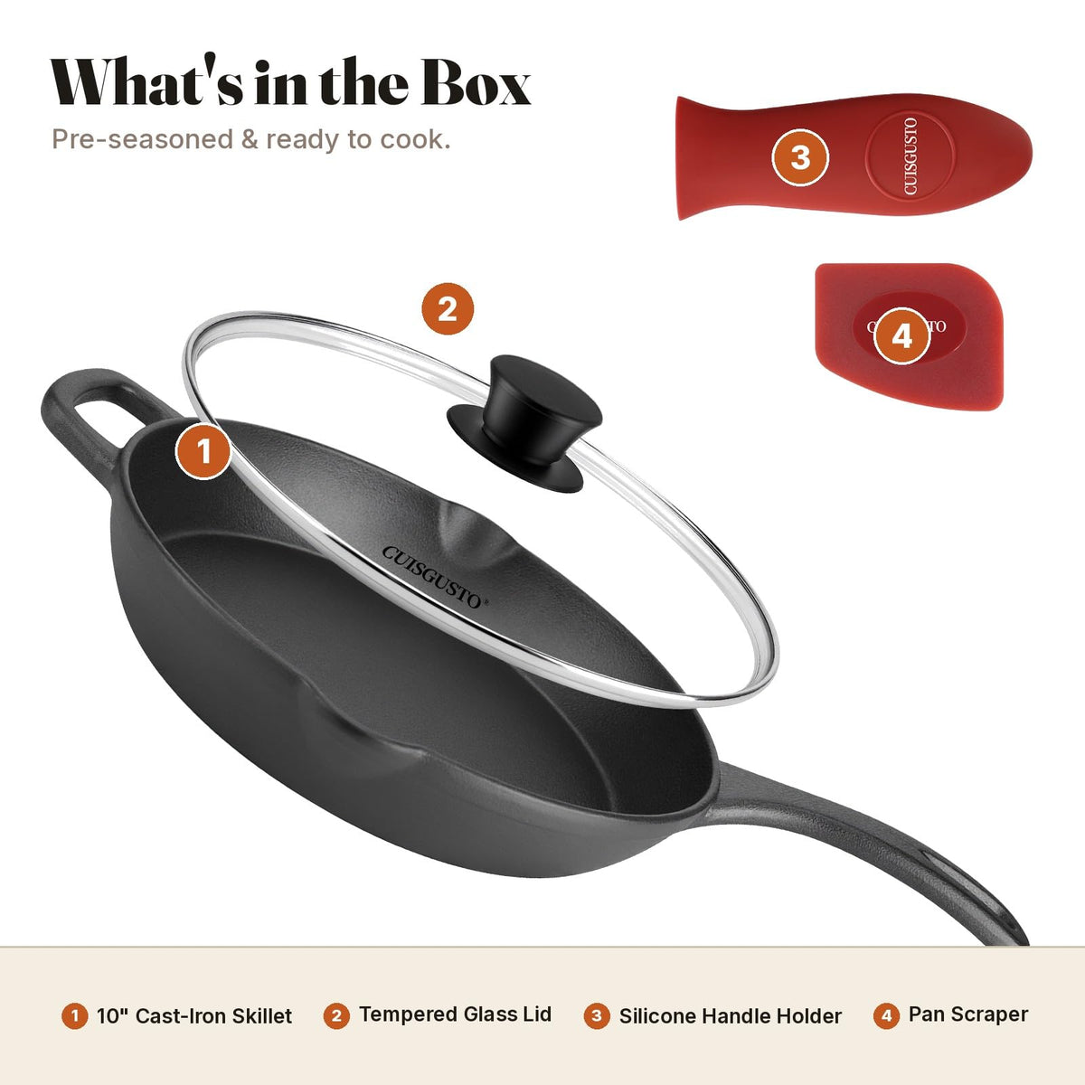 10 Inch Pre-Seasoned Cast Iron Skillet with Lid E11219