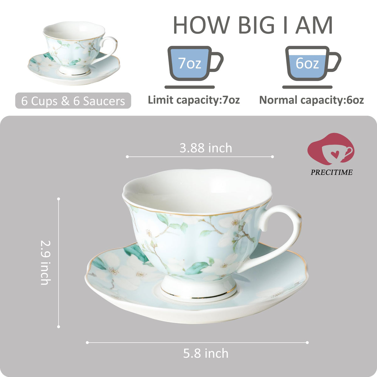 6oz Porcelain Tea Cup & Saucer Set of 6 S375003