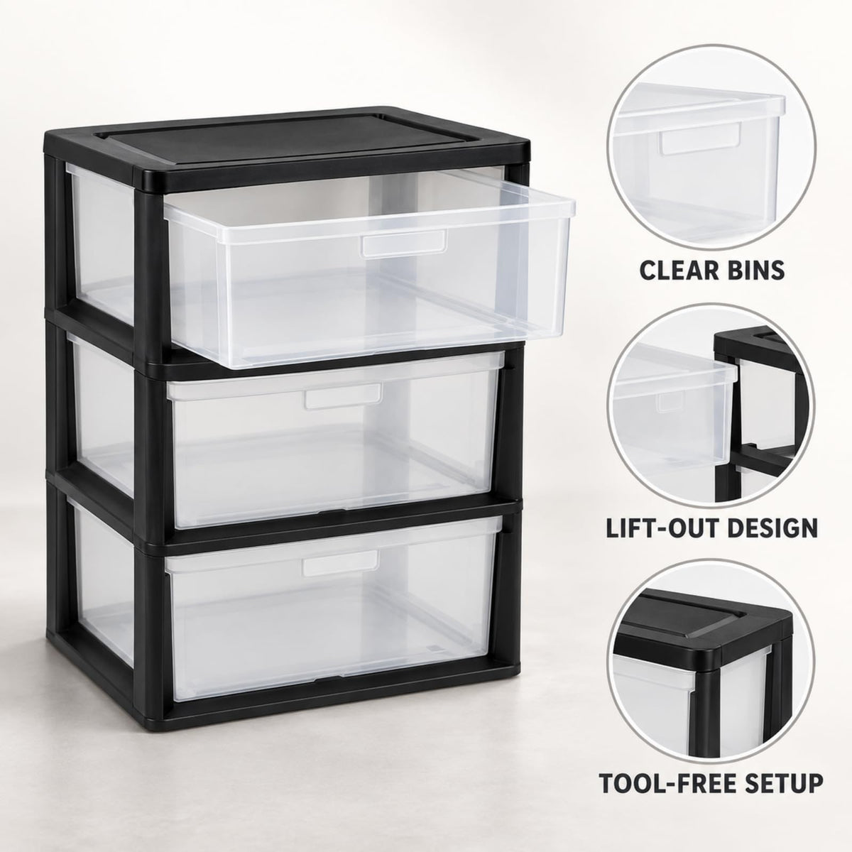 3 Drawer Clear Plastic Storage Cart X6547