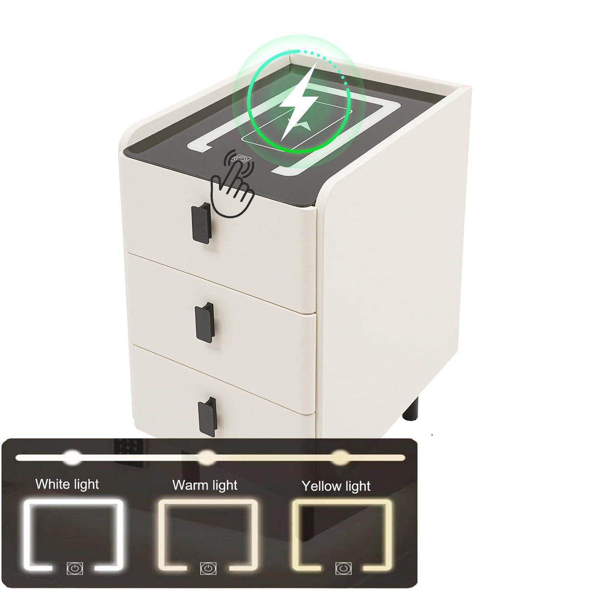 White Smart Nightstand with Wireless Charging Station & Adjustable LED Lights, 3 Drawers F691722