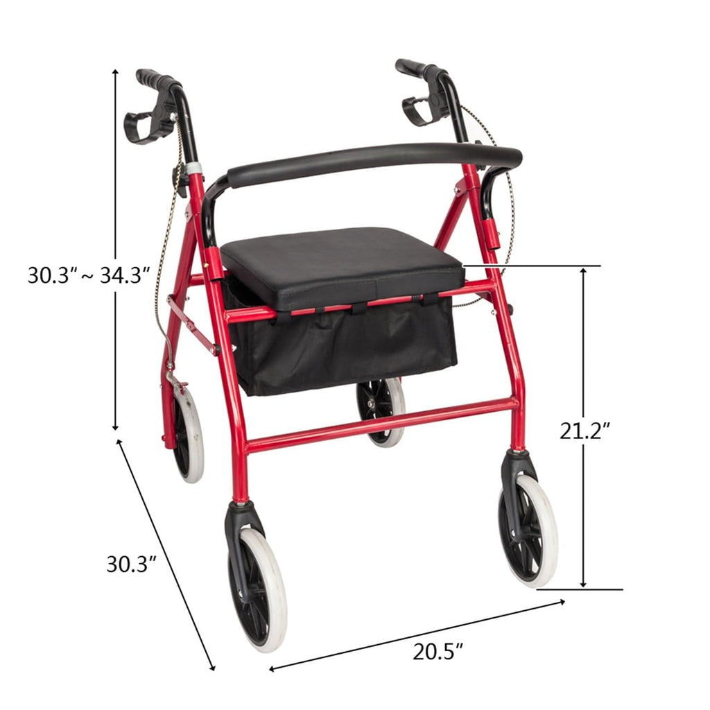 Foldable Rollator Walker with Seat & Wheels, Height Adjustable, 286lbs Weight Capacity, Red P853306