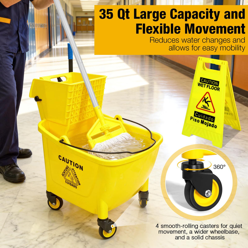 Yellow 35Qt Mop Bucket with Side Press Wringer on Wheels Z162