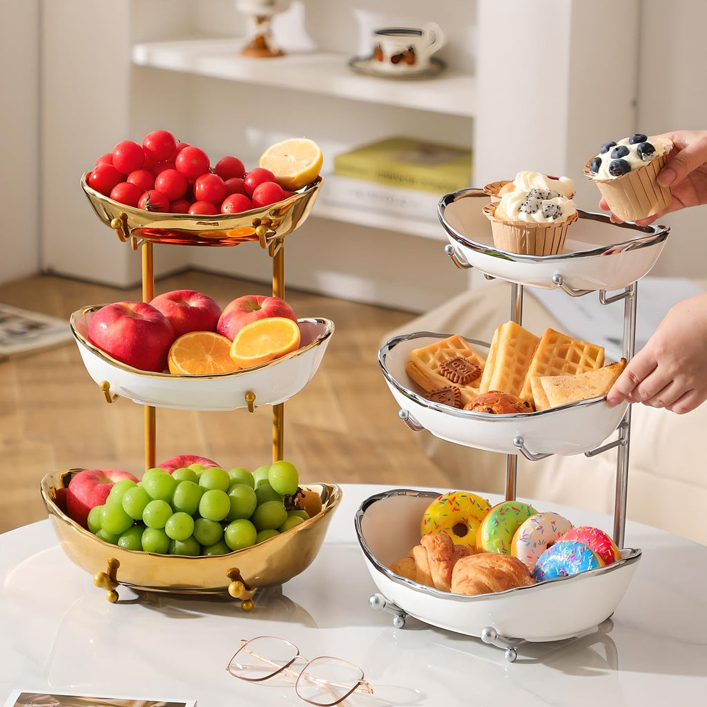 3 Tier Ceramic Fruit Bowl with Metal Stand B489