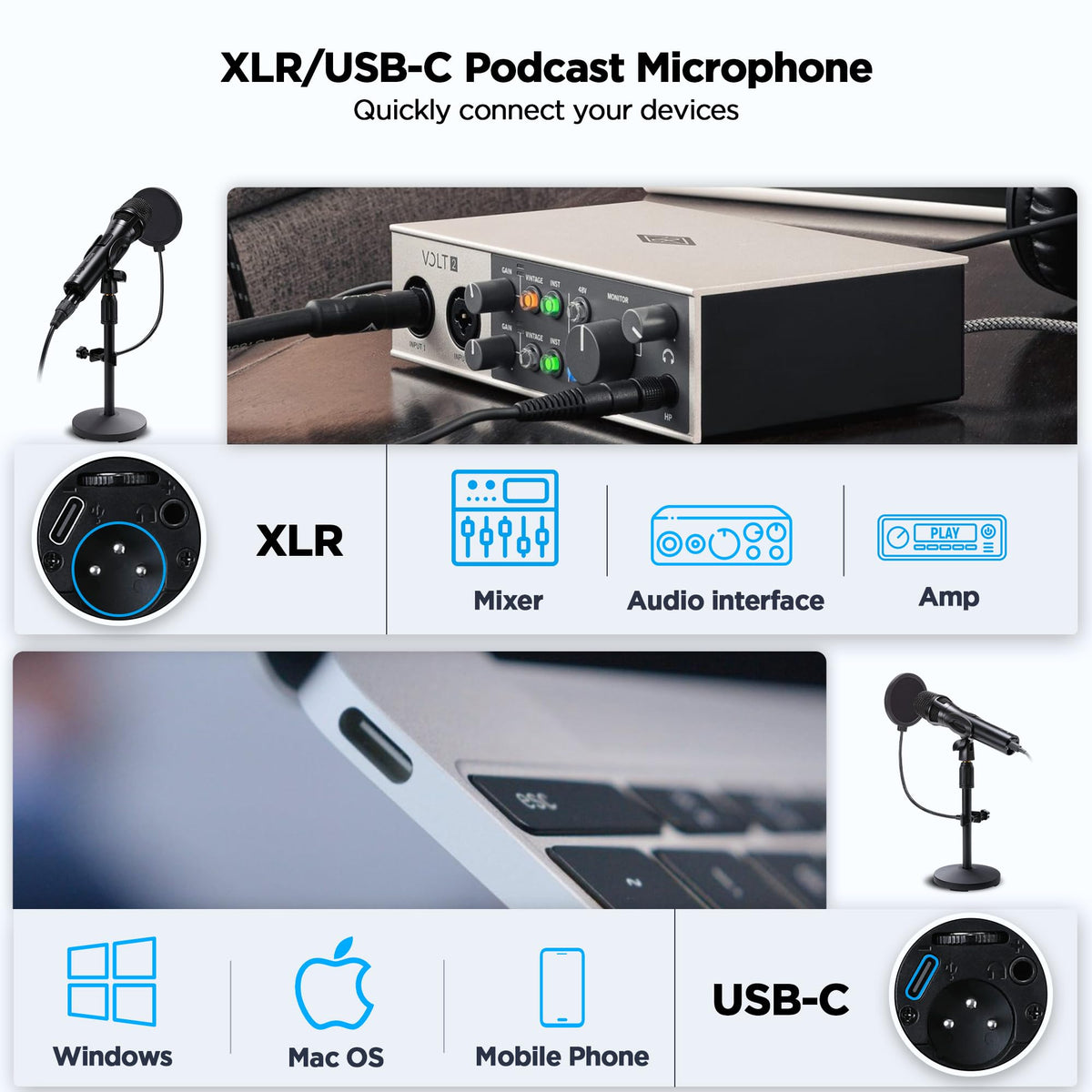 USB Dynamic Microphone with Desktop Stand, Pop Filter, Headphone Jack Y199