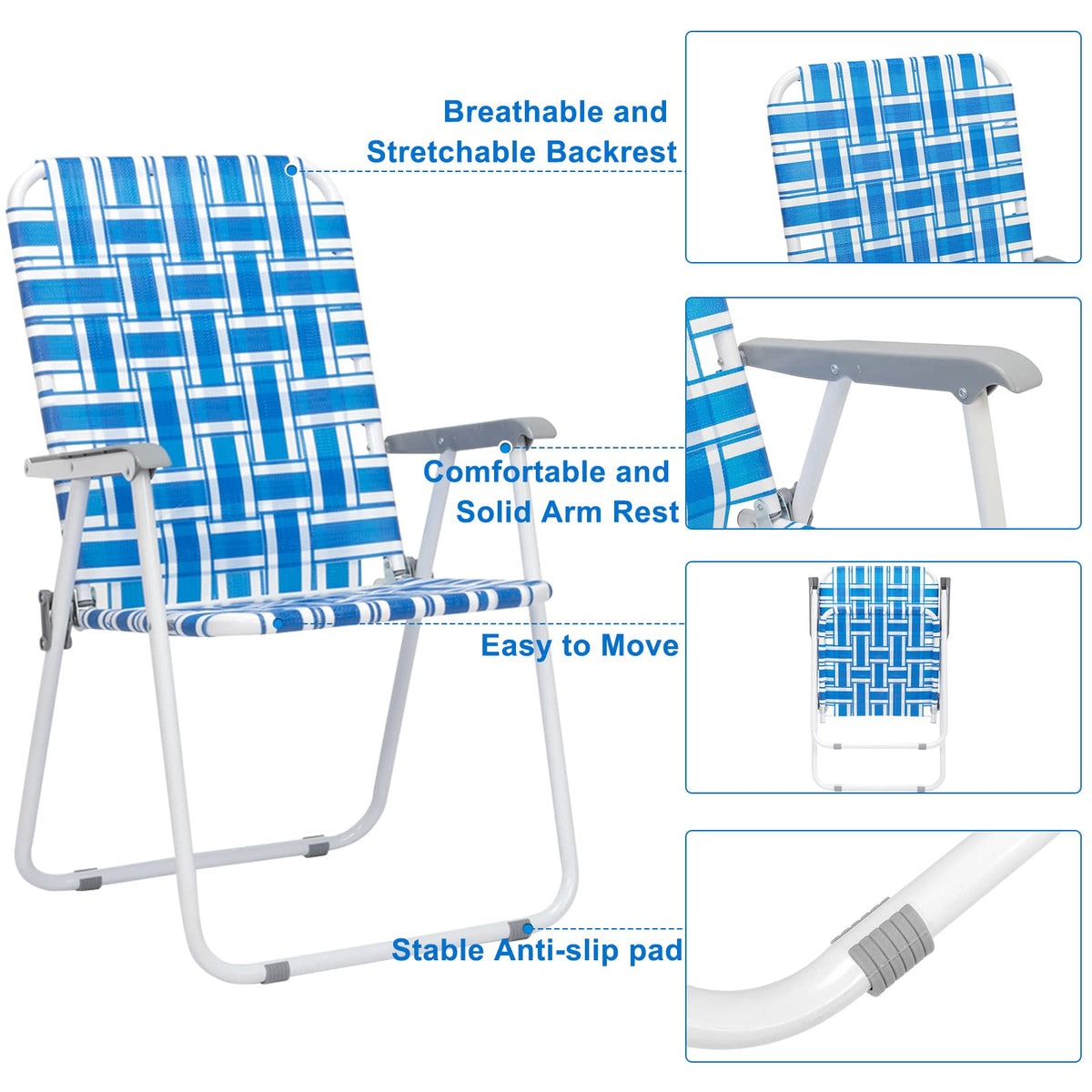 Folding Aluminum Webbed Lawn Chairs Set of 2 Blue & White Strip K385