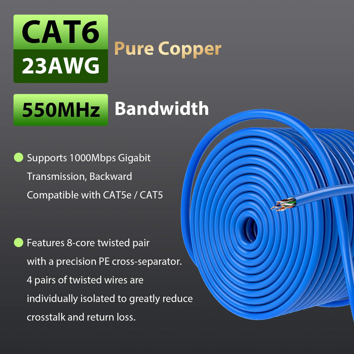 Cat 6 1000 ft 23AWG Solid Bare Copper UTP Ethernet Cable R250