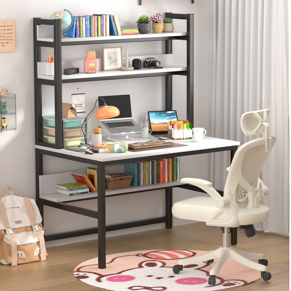 White Computer Desk with Hutch and Shelves D805586