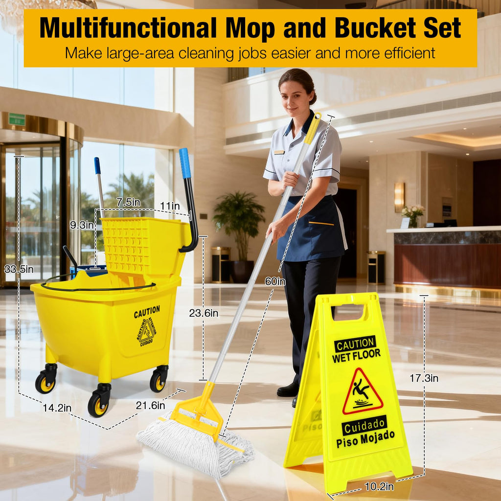 Yellow 35Qt Mop Bucket with Side Press Wringer on Wheels Z162
