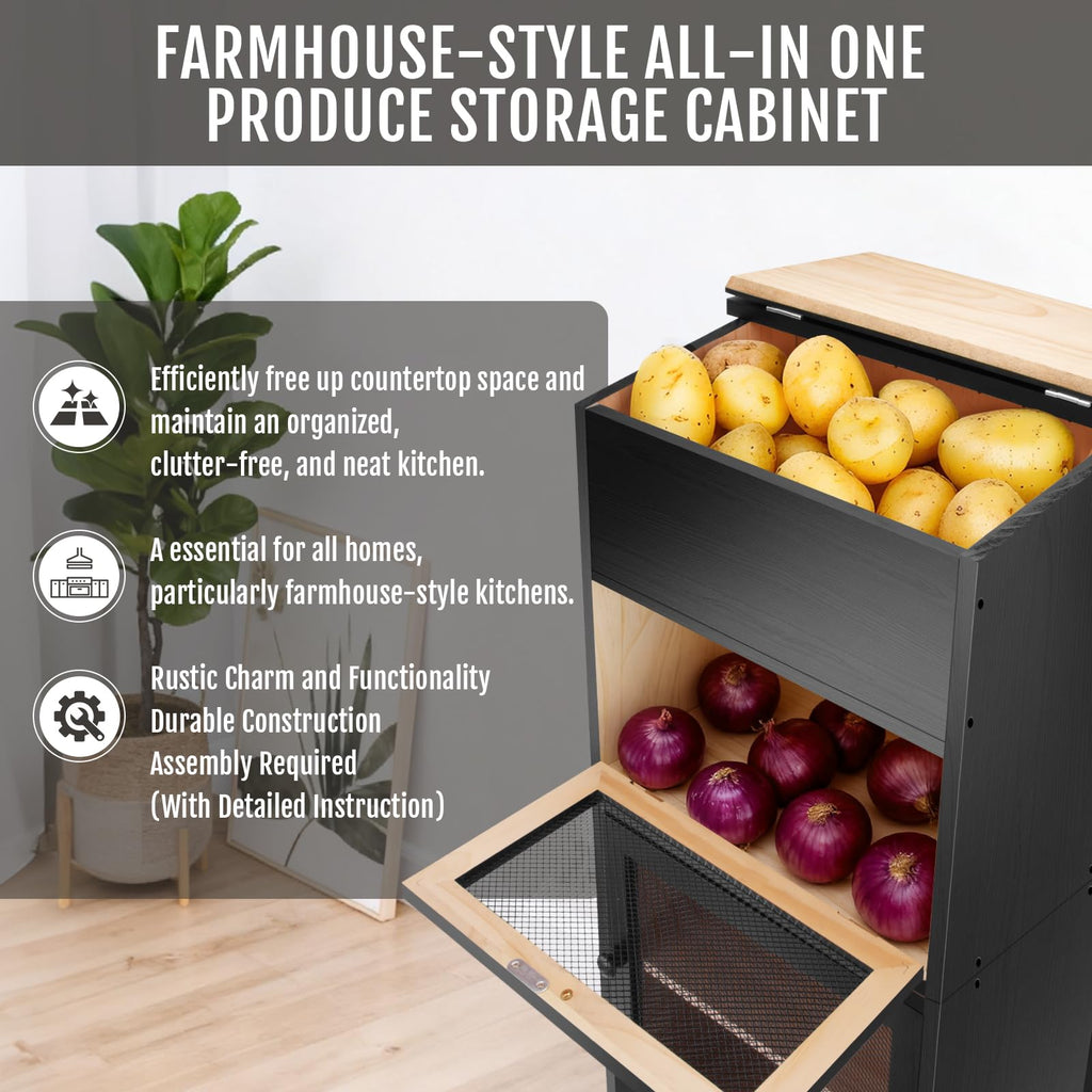 Black Stackable Wooden Potato Onion Storage Bin with Lid T80356