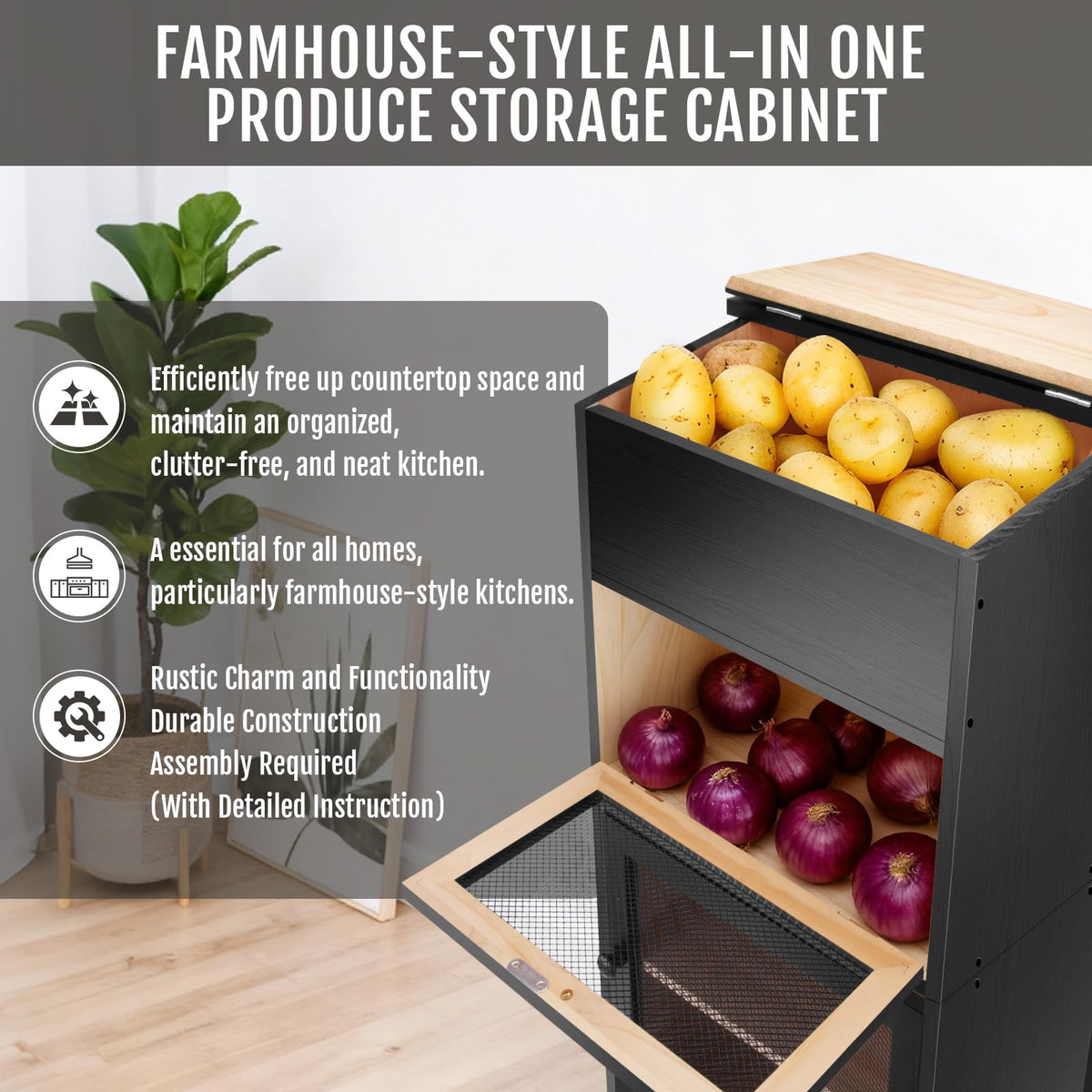 Black Stackable Wooden Potato Onion Storage Bin with Lid T80356