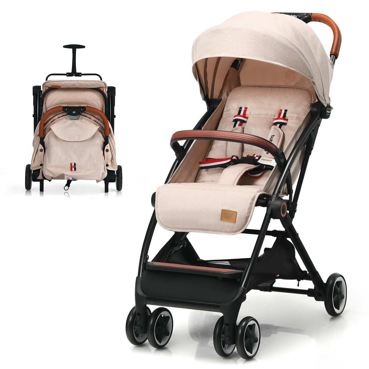 Lightweight Compact Baby Stroller with 5-Point Harness and Storage Basket, Beige R5907