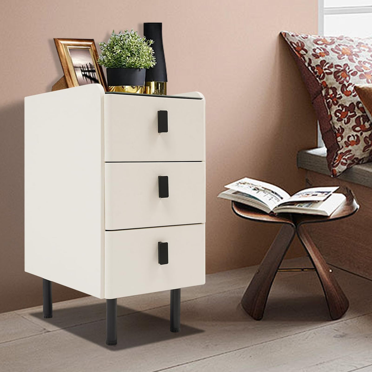 White Smart Nightstand with Wireless Charging Station & Adjustable LED Lights, 3 Drawers F691722