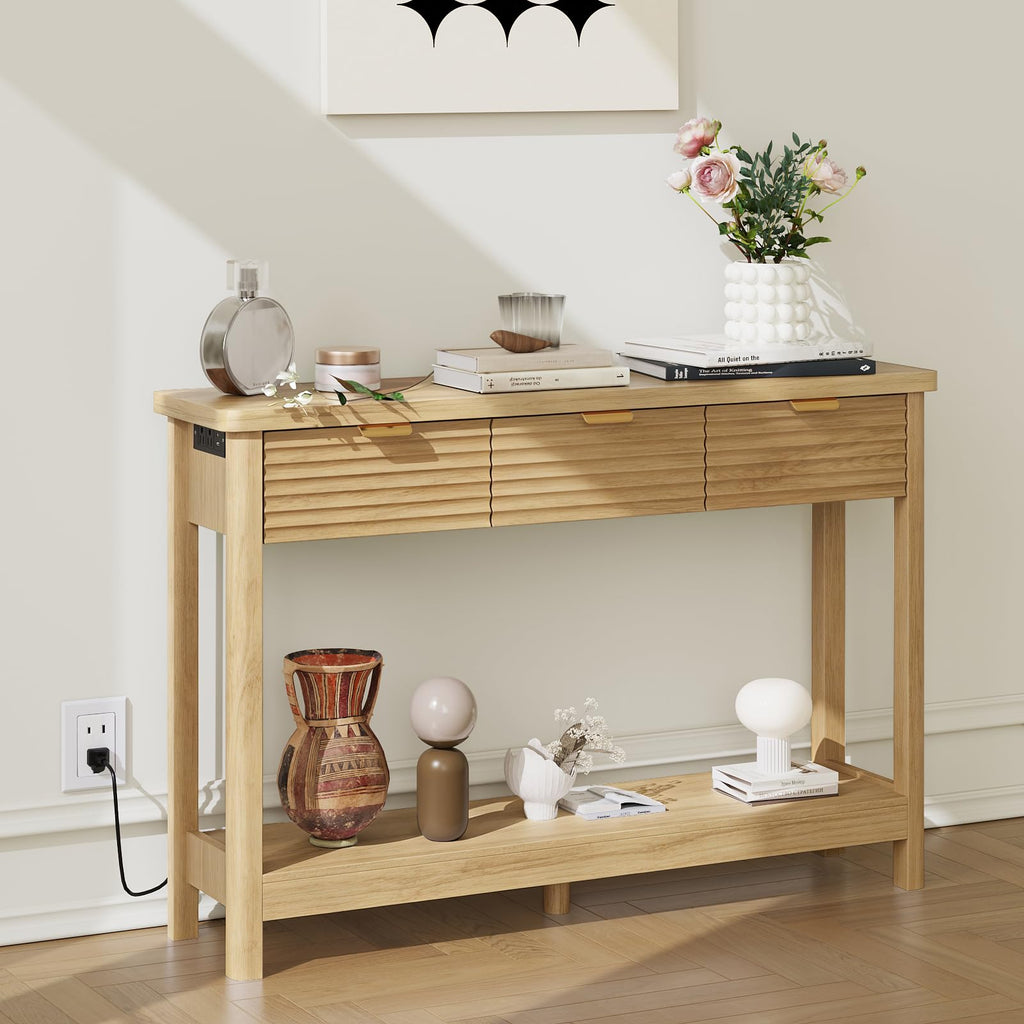 47.2" Narrow Console Table with 3 Drawers & Charging Station, Oak P321