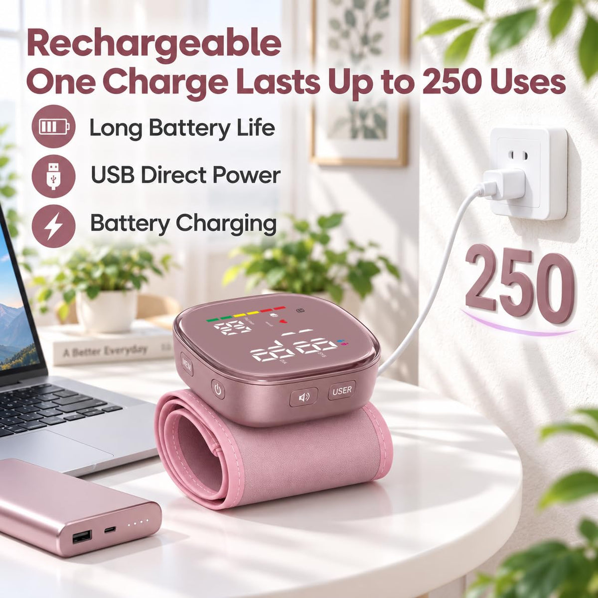 Pink Rechargeable Wrist Blood Pressure Monitor W2815
