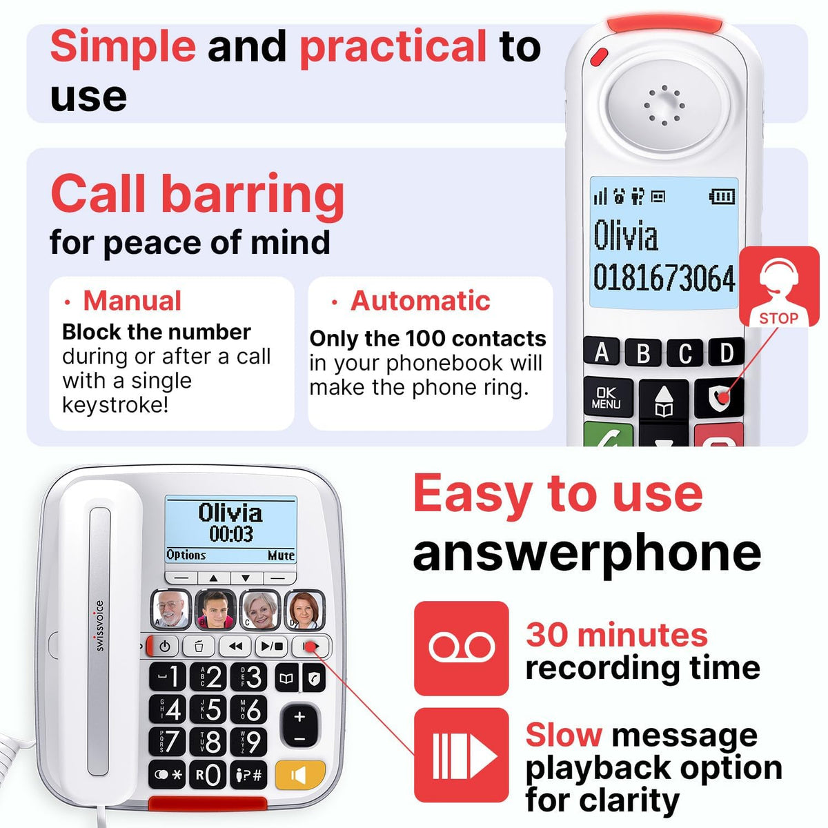 Big Button Phone with Answering Machine and Cordless Handset V663847
