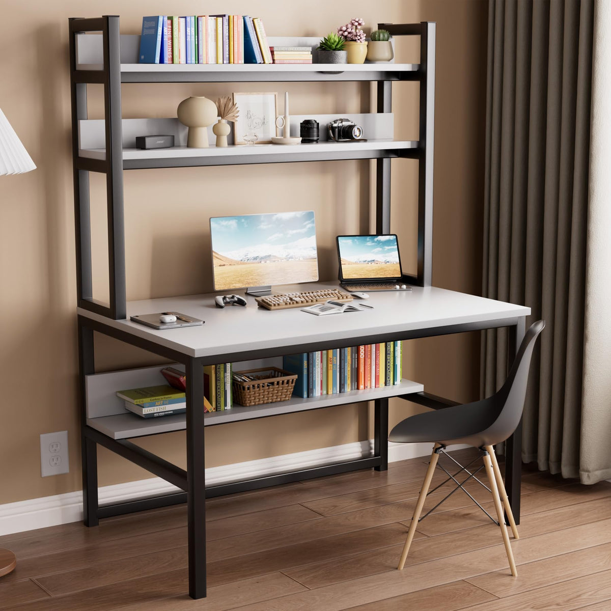 White Computer Desk with Hutch and Shelves D805586