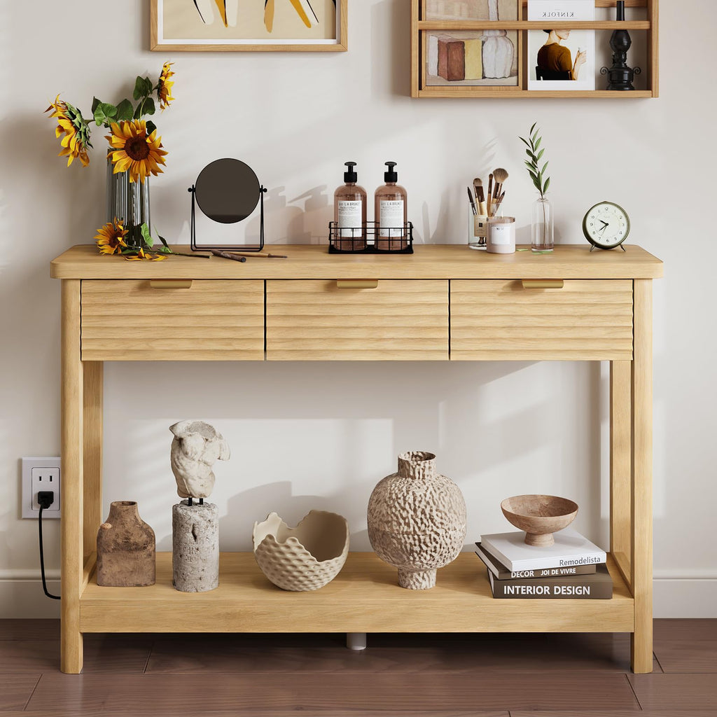 47.2" Narrow Console Table with 3 Drawers & Charging Station, Oak P321