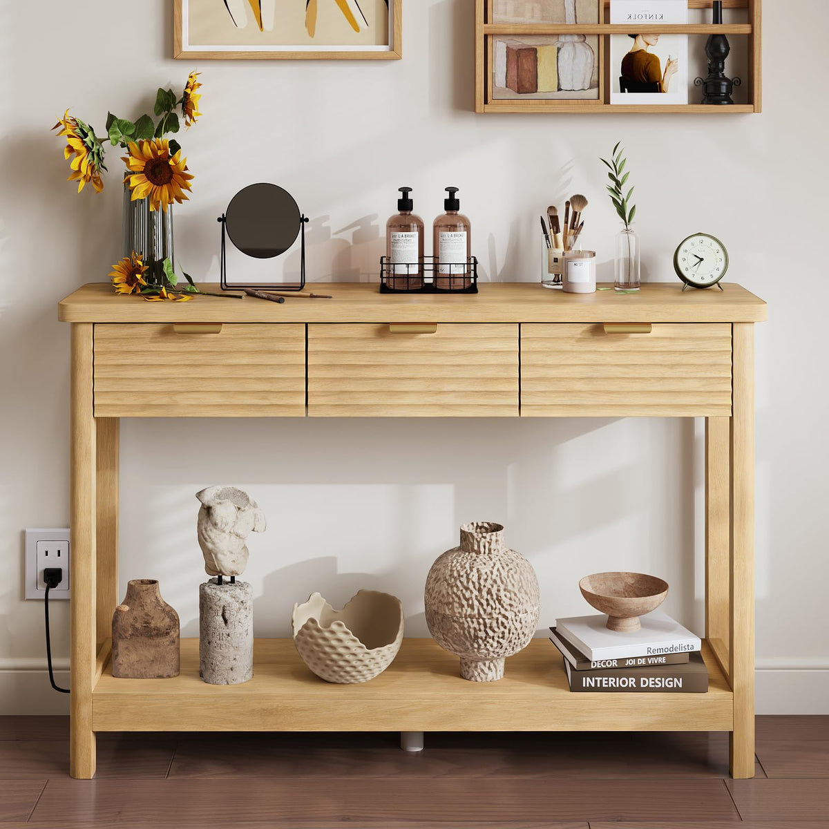 47.2" Narrow Console Table with 3 Drawers & Charging Station, Oak P321