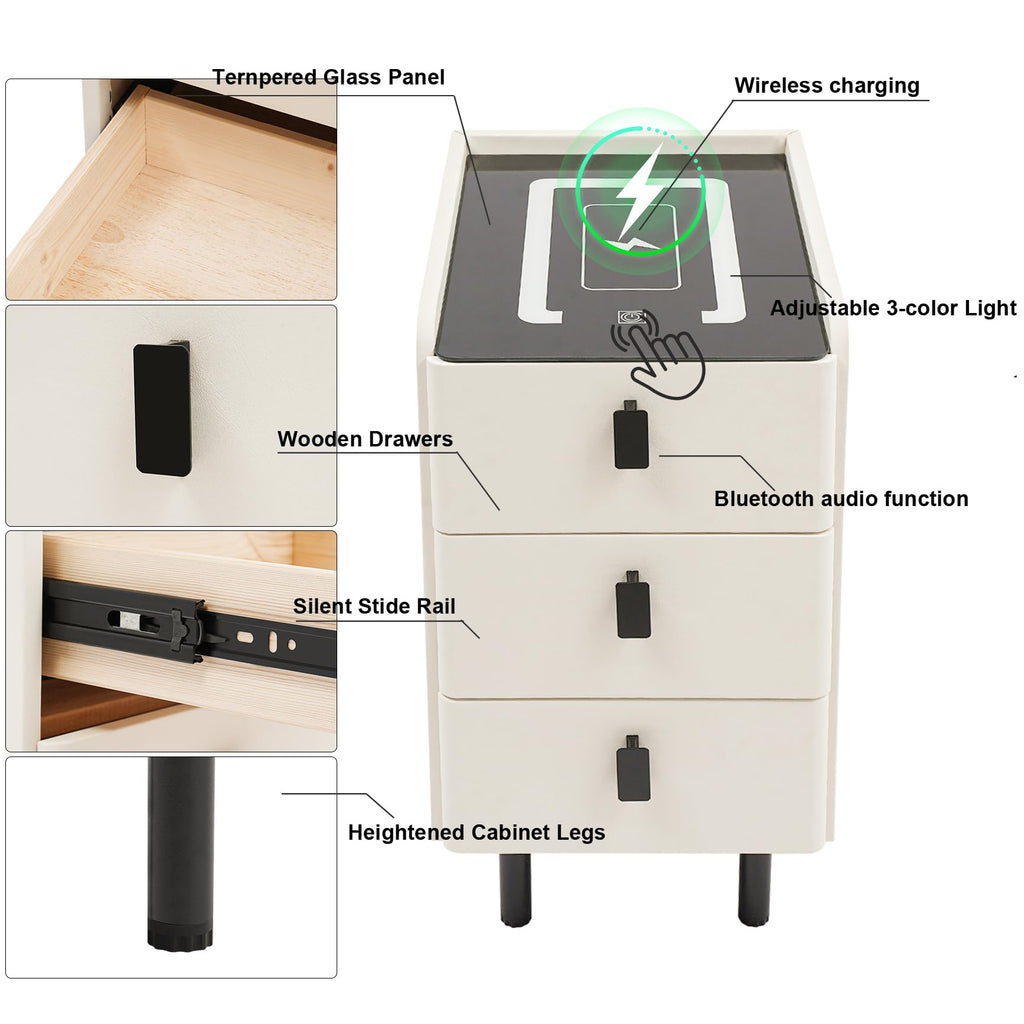White Smart Nightstand with Wireless Charging Station & Adjustable LED Lights, 3 Drawers F691722