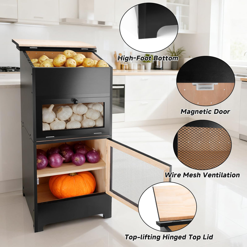 Black Stackable Wooden Potato Onion Storage Bin with Lid T80356