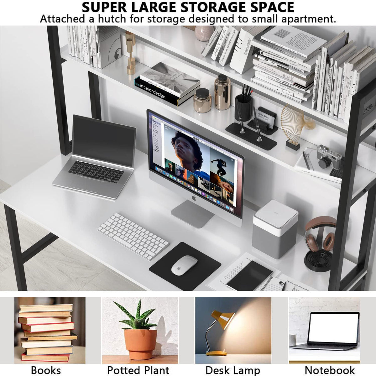 White Computer Desk with Hutch and Shelves D805586