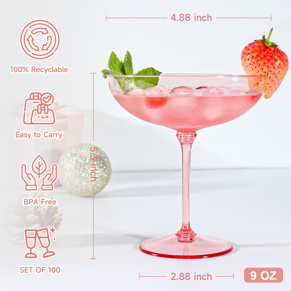 9oz Pink Plastic Martini Glasses Set M241345