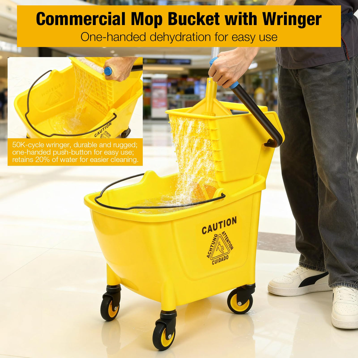Yellow 35Qt Mop Bucket with Side Press Wringer on Wheels Z162