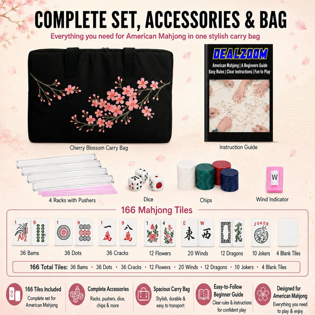 Complete American Mahjong Set with 166 Tiles, Racks, Pushers, Dice, Chips, Instructions & Bag G977