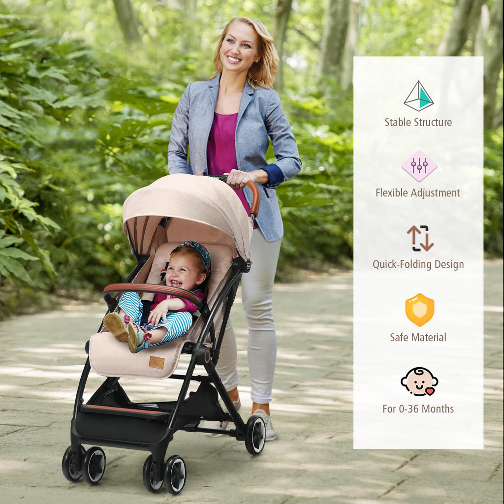 Lightweight Compact Baby Stroller with 5-Point Harness and Storage Basket, Beige R5907
