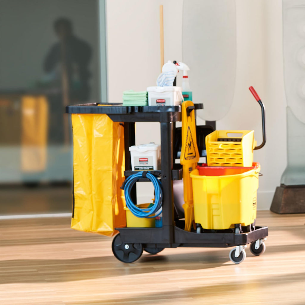 3-Shelf Wheeled Cleaning Cart with Yellow Vinyl Bag F495862