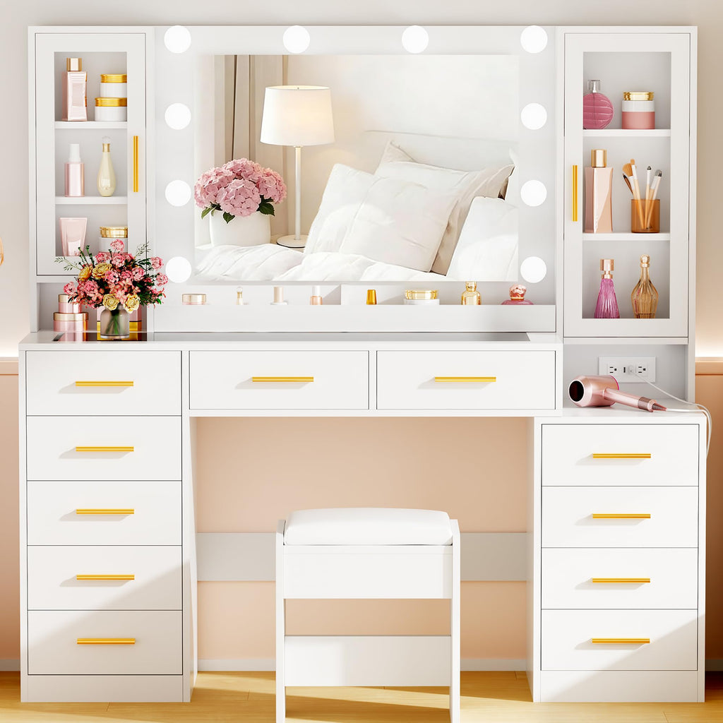 White Glass Top Vanity Desk with Mirror and Lights C57559