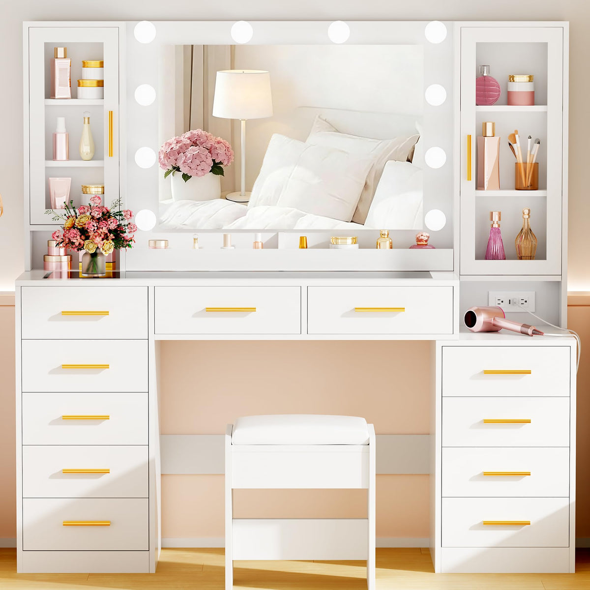 White Glass Top Vanity Desk with Mirror and Lights C57559