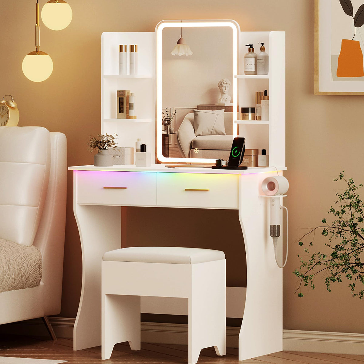 White Vanity Desk with LED Lights Mirror and Chair N41376