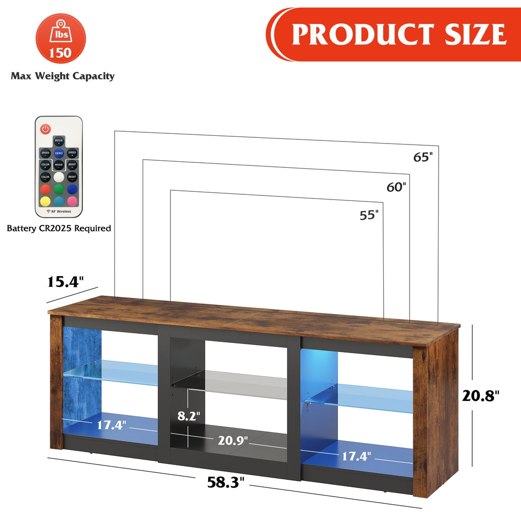Rustic Brown 58-Inch TV Stand with Adjustable Glass Shelves U689