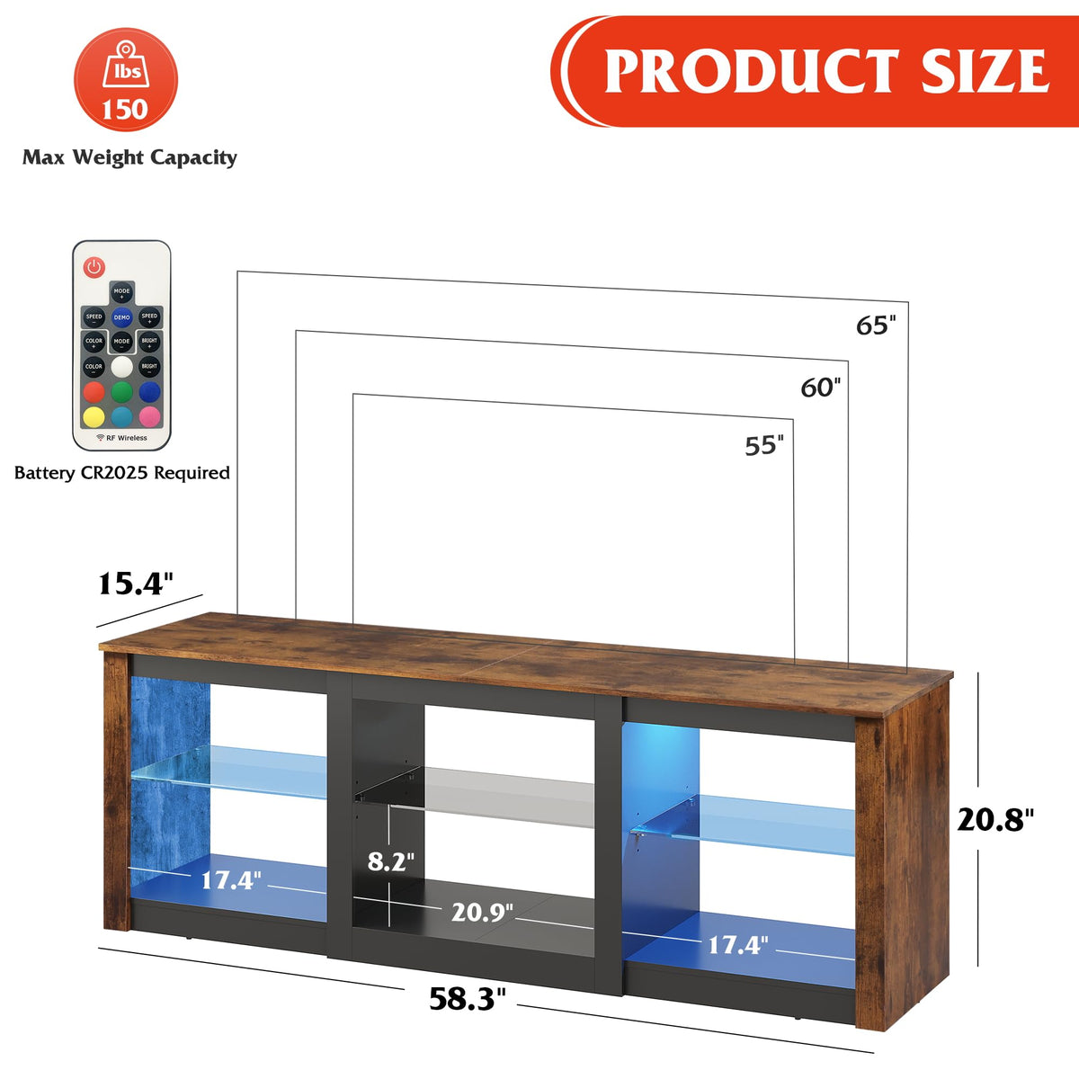 Rustic Brown 58-Inch TV Stand with Adjustable Glass Shelves U689