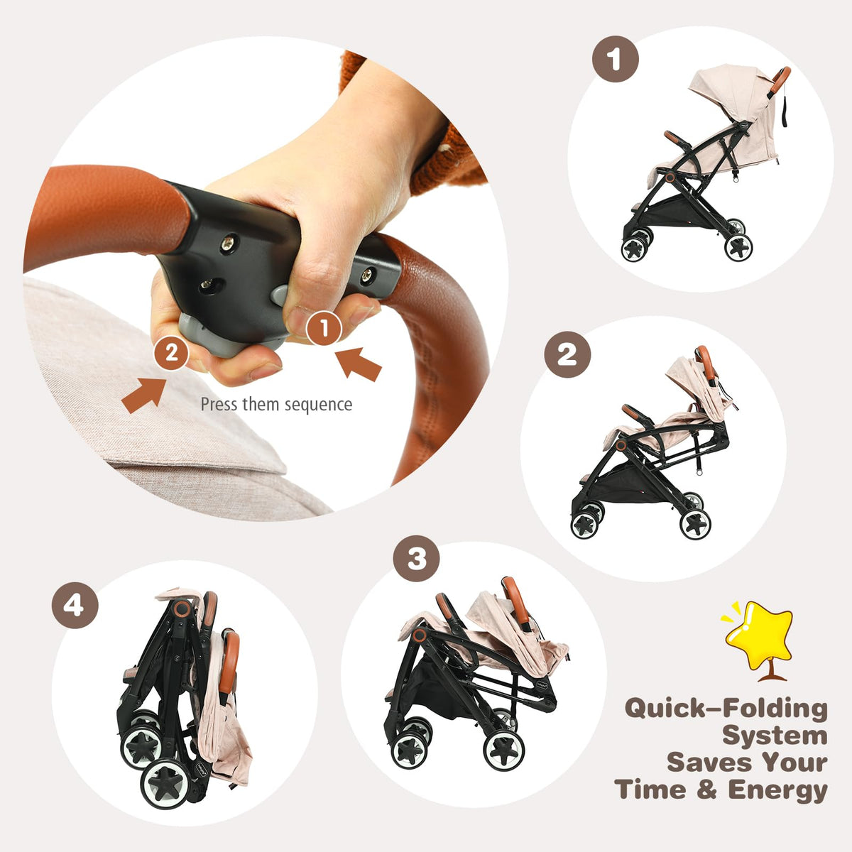 Lightweight Compact Baby Stroller with 5-Point Harness and Storage Basket, Beige R5907
