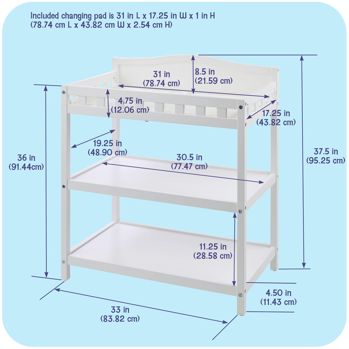 White Baby Changing Table with Pad & Storage Shelves E9421