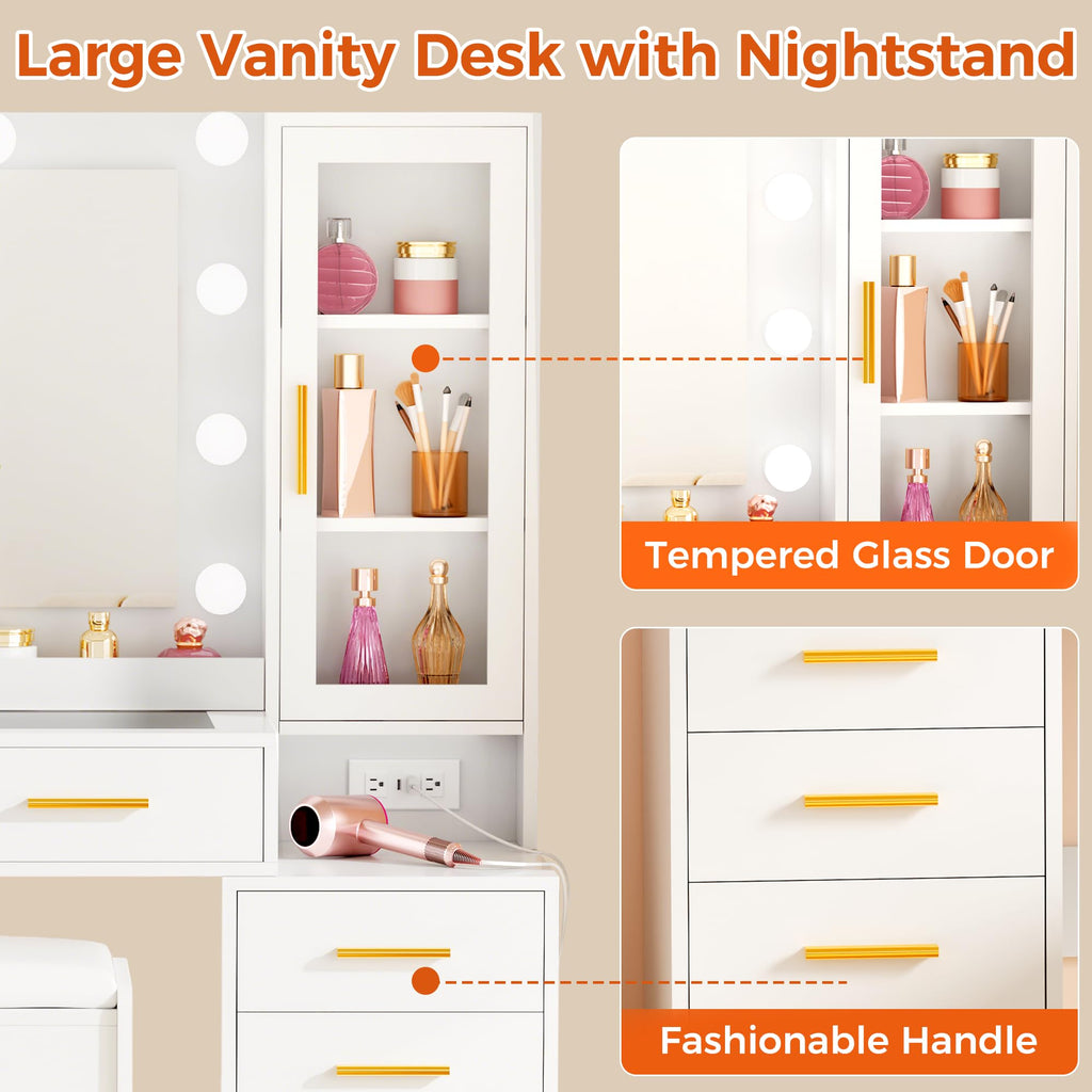 White Glass Top Vanity Desk with Mirror and Lights C57559