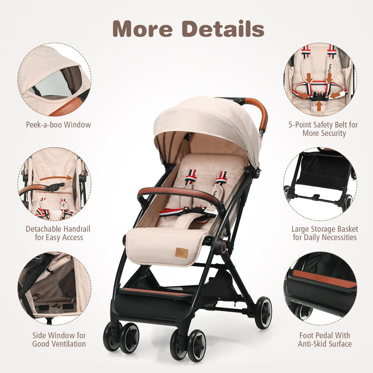 Lightweight Compact Baby Stroller with 5-Point Harness and Storage Basket, Beige R5907