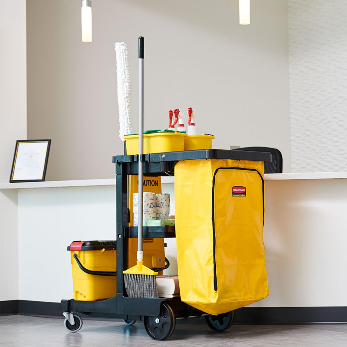 3-Shelf Wheeled Cleaning Cart with Yellow Vinyl Bag F495862