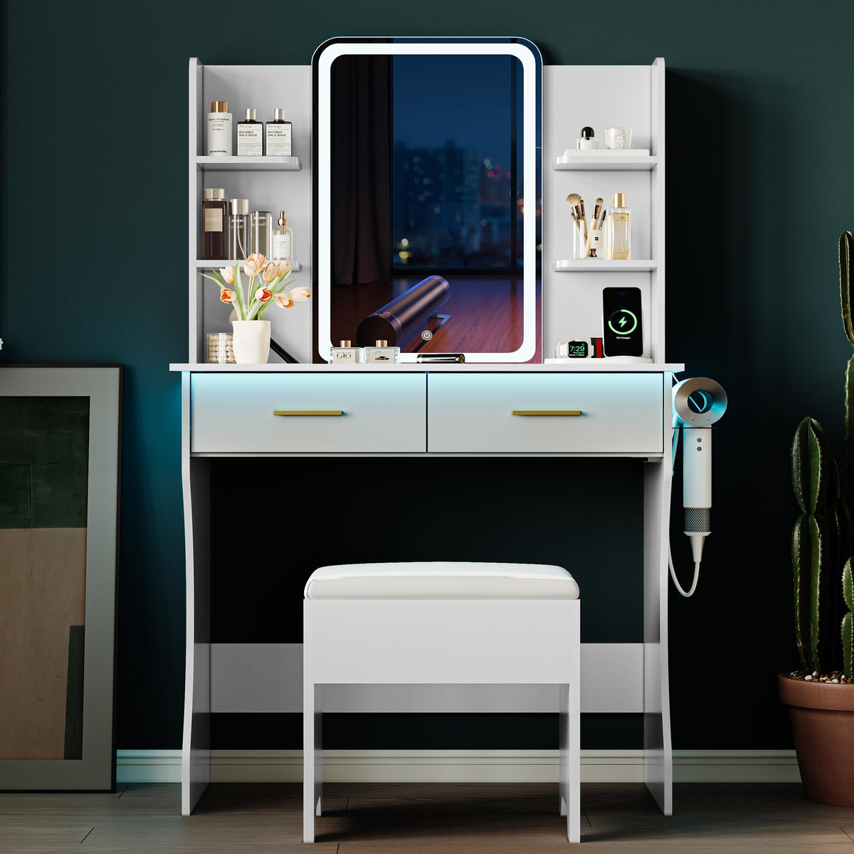 White Vanity Desk with LED Lights Mirror and Chair N41376