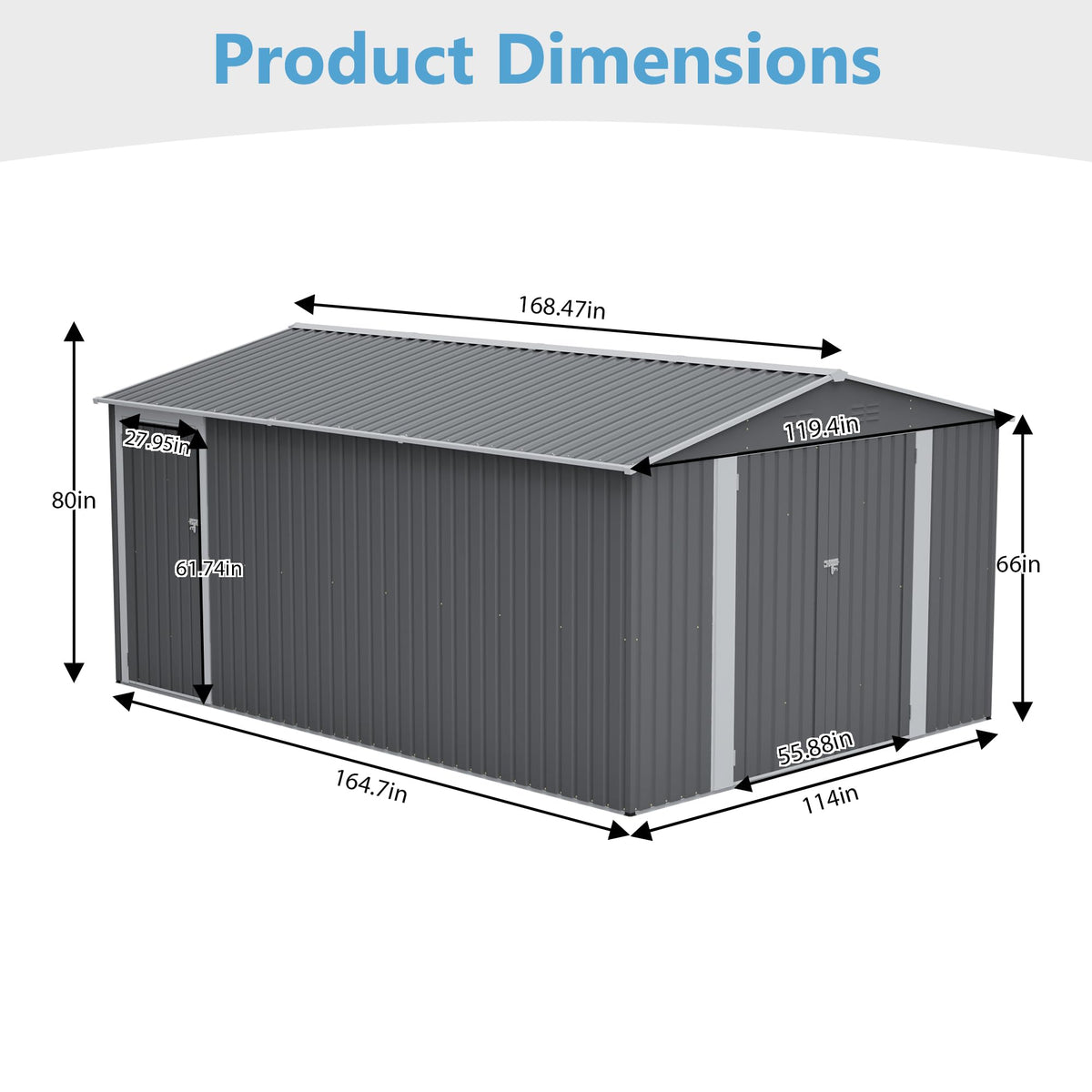 10x14 FT Waterproof Metal Storage Shed with 3 Lockable Doors G39628
