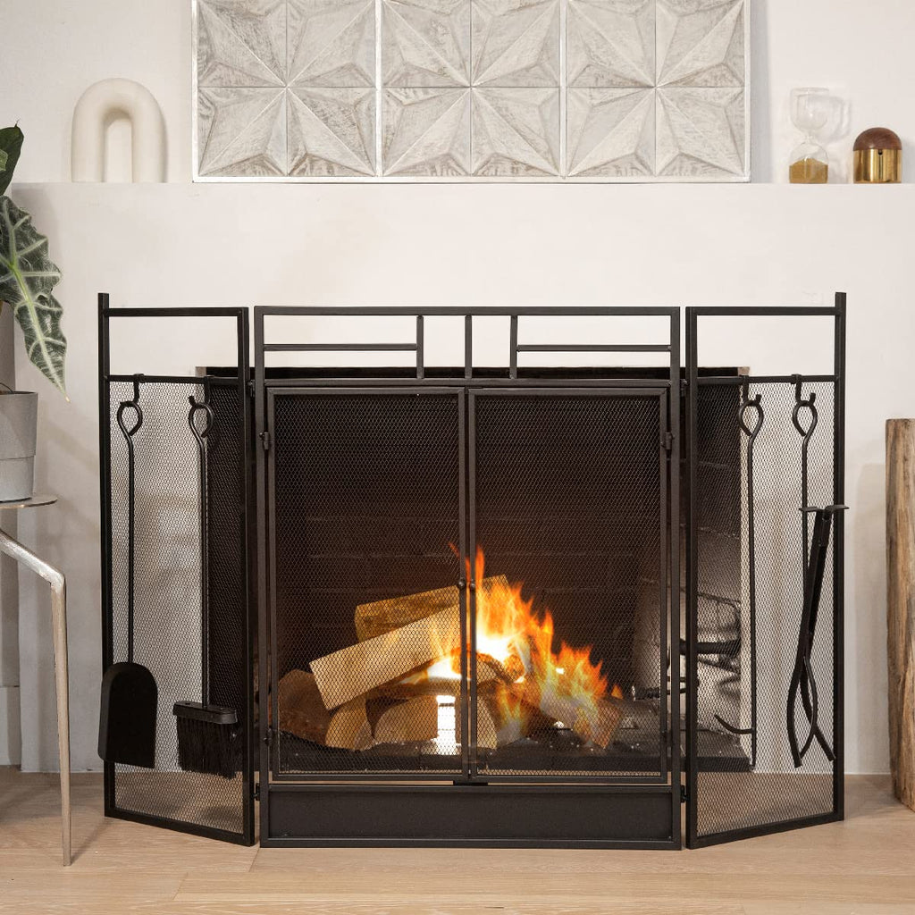 Black 3-Panel Folding Fireplace Screen with Magnetic Doors and 4-Piece Tools Set B1697