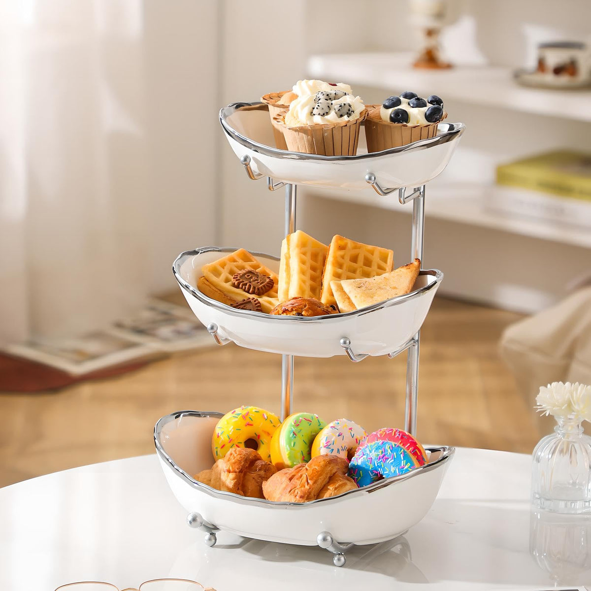 3 Tier Ceramic Fruit Bowl with Metal Stand B489