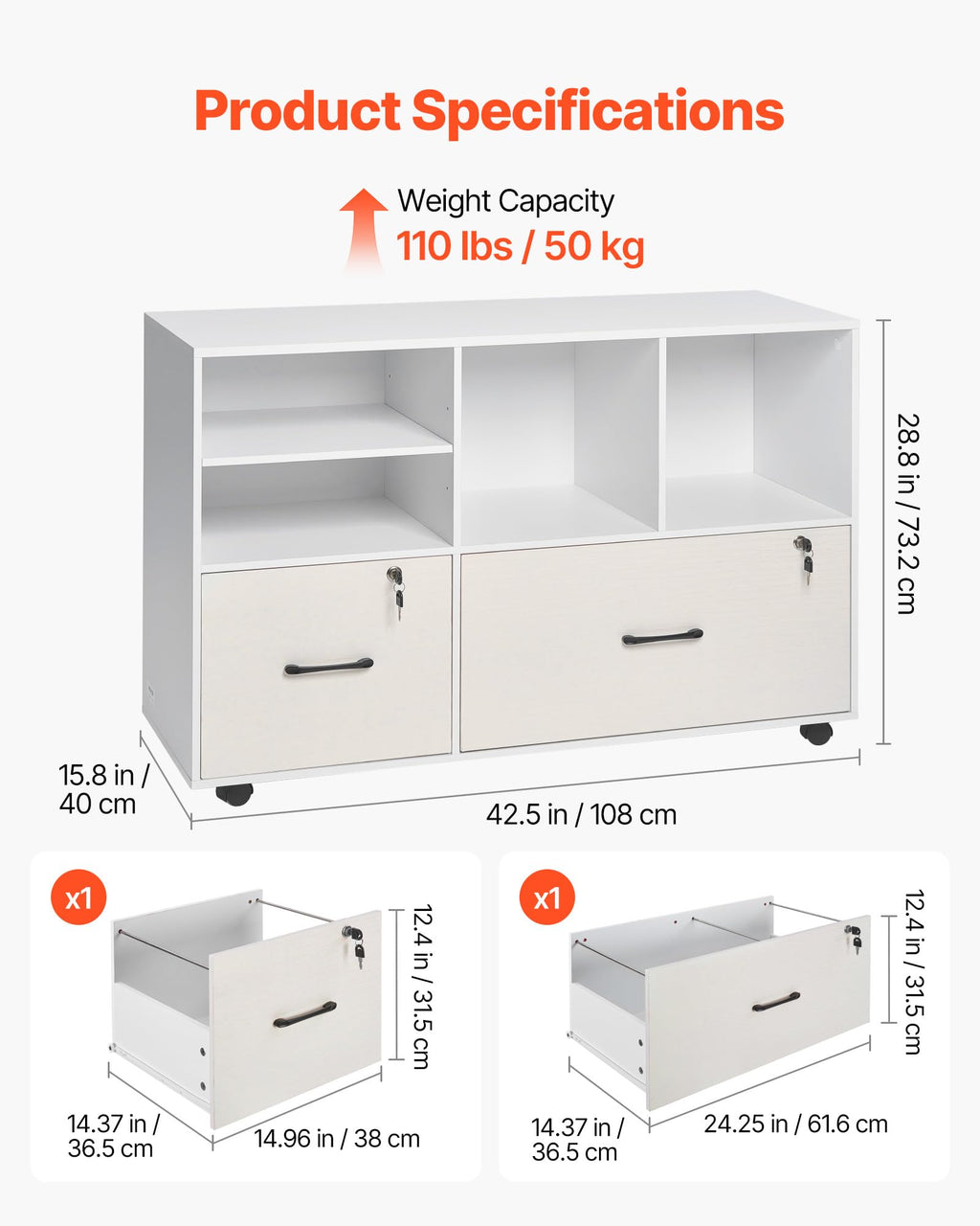 White 2 Drawer Wooden Lockable Mobile File Cabinet Z940