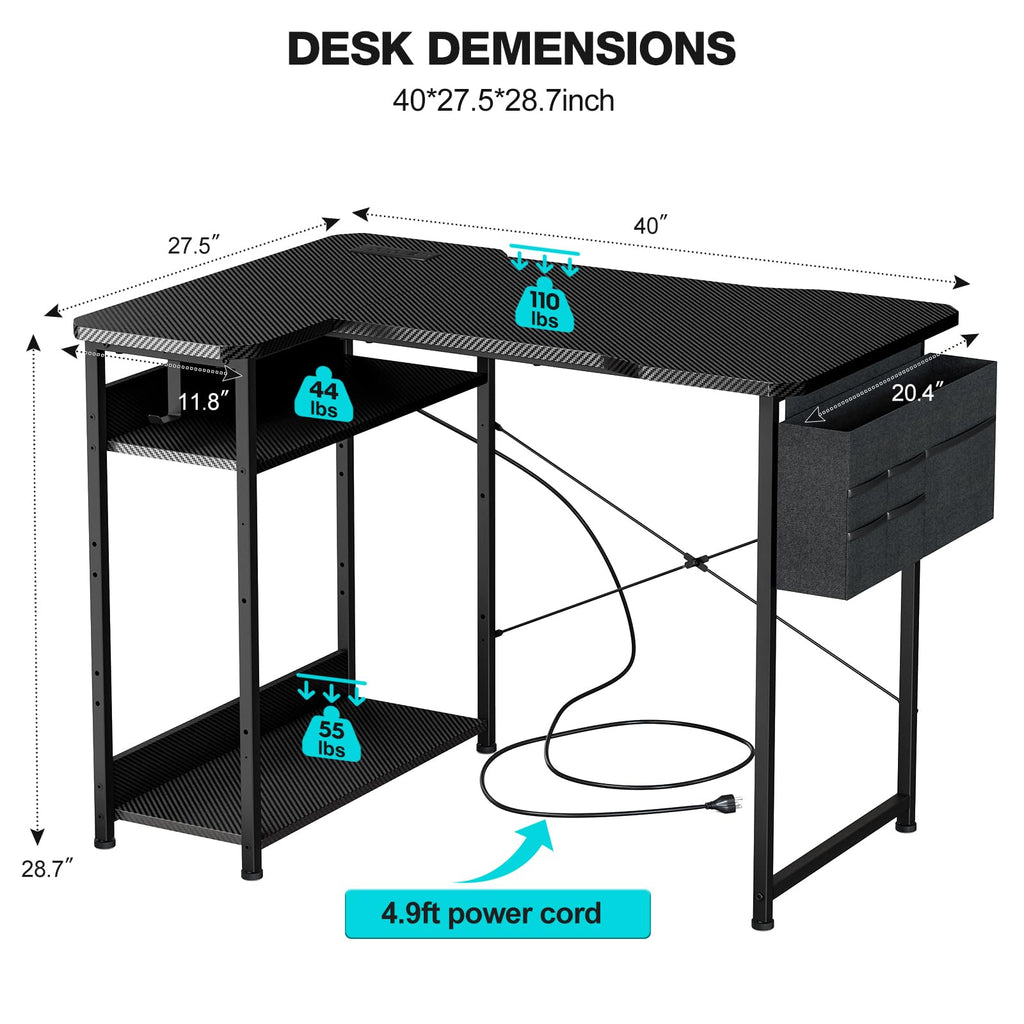 L Shaped Gaming Desk 40 Inch Black Carbon D774