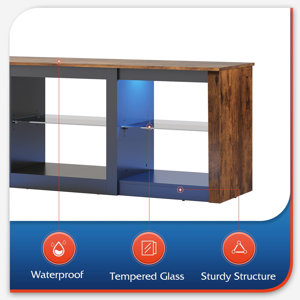 Rustic Brown 58-Inch TV Stand with Adjustable Glass Shelves U689
