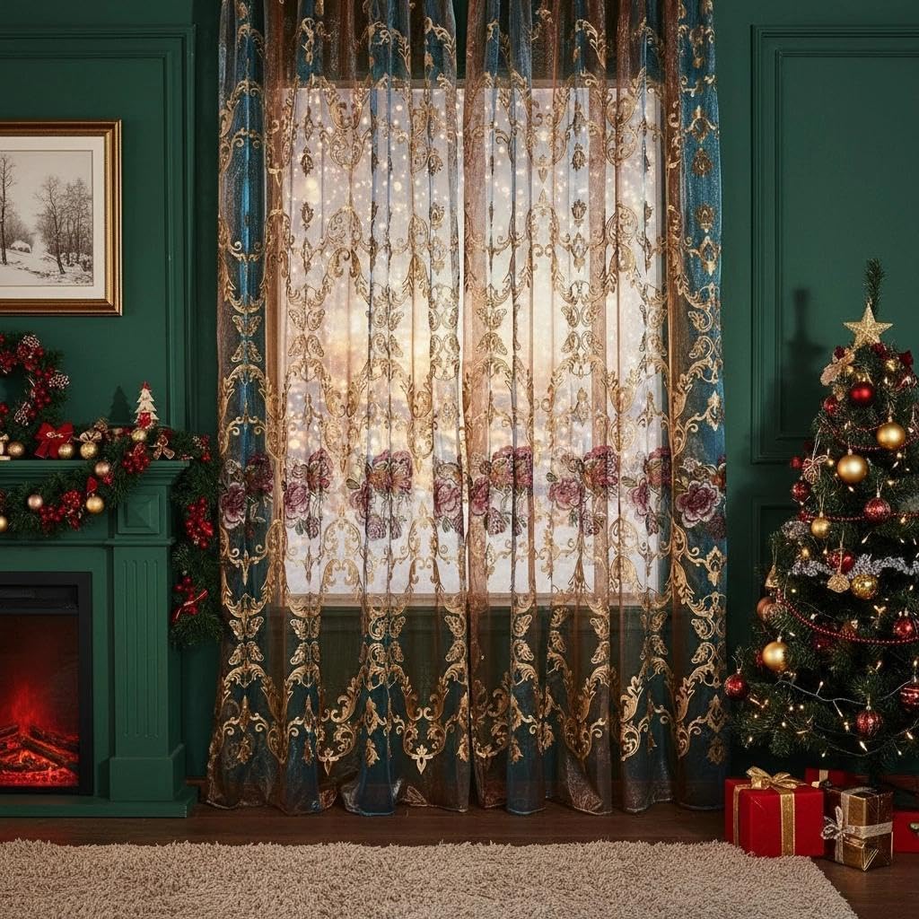 Embroidered Sheer Curtains with Floral Patterns 100"W x 84"L B237929