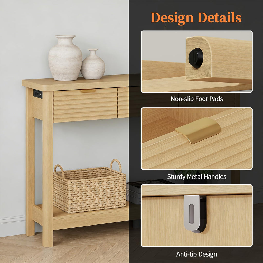47.2" Narrow Console Table with 3 Drawers & Charging Station, Oak P321